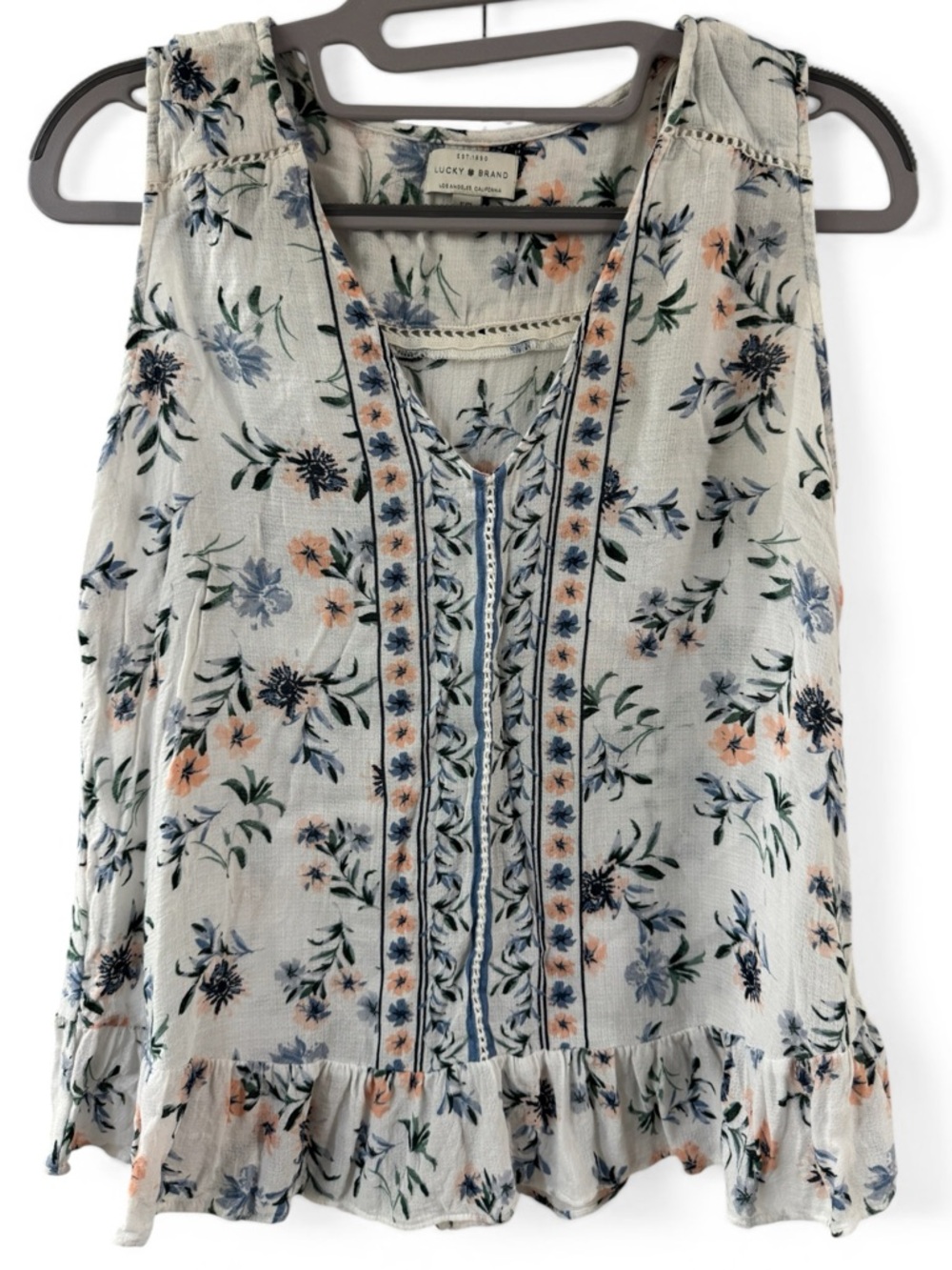 Lucky Brand Womens Floral V-Neck Sleeveless Peplum Boho Blouse Ivory Blue S